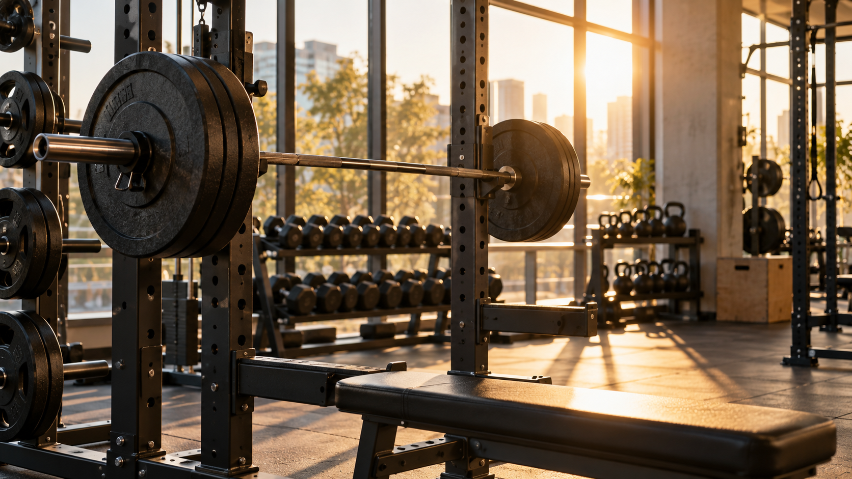 Barbell and weight plates in a bright gym with warm late afternoon sunlight coming through large windows